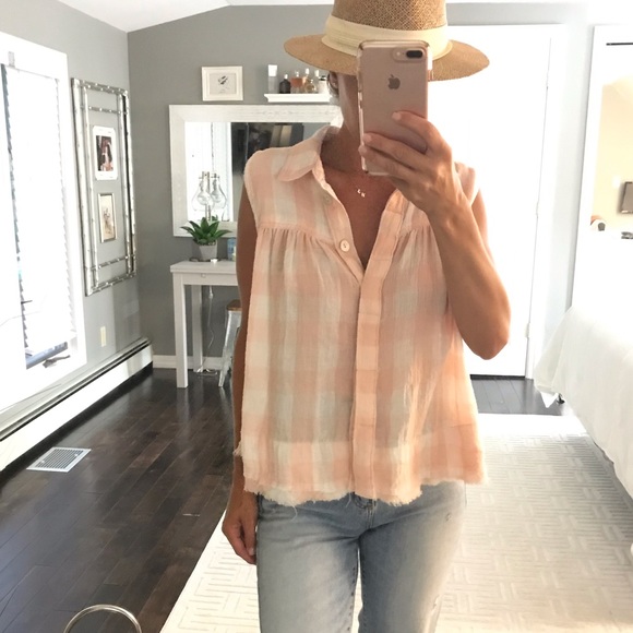 Free People Tops - Free People pink white check ruffle fringe shirt
